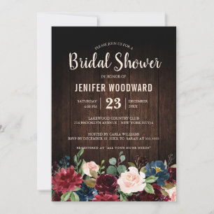 Burgundy Red Navy Floral Rustic Boho Bridal Shower Invitation