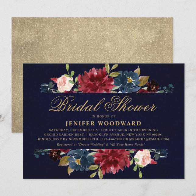 Burgundy Red Navy Floral Rustic Boho Bridal Shower Invitation (Front/Back)