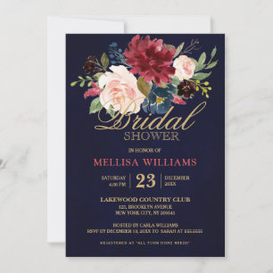 Burgundy Red Navy Floral Rustic Boho Bridal Shower Invitation