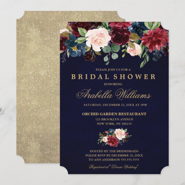 Burgundy Red Navy Floral Rustic Boho Bridal Shower Invitation (Front/Back)