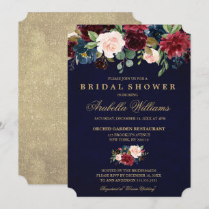 Burgundy Red Navy Floral Rustic Boho Bridal Shower Invitation