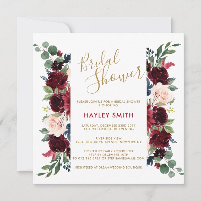 Burgundy Red Navy Floral Rustic Boho Bridal Shower Invitation (Front)
