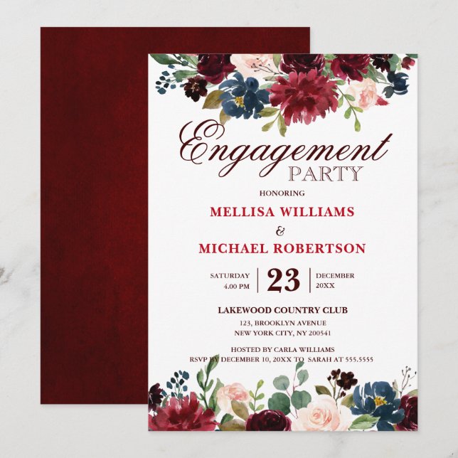 Burgundy Red Navy Floral Rustic Boho Engagement Invitation (Front/Back)