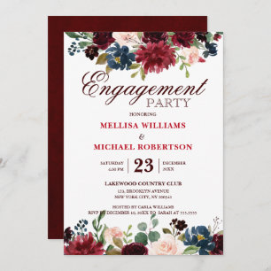 Burgundy Red Navy Floral Rustic Boho Engagement Invitation