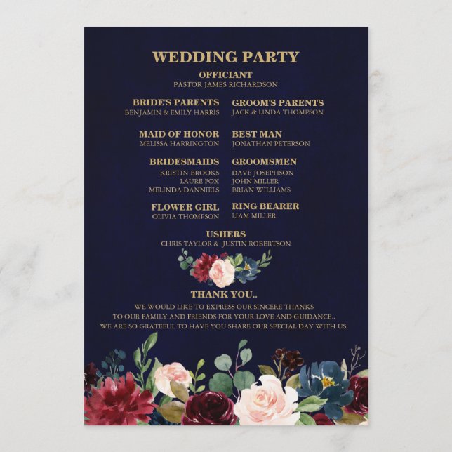 Burgundy Red Navy Floral Rustic Boho Fan Back Programme (Front)