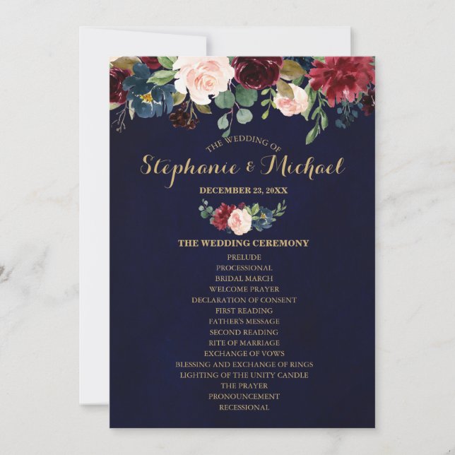 Burgundy Red Navy Floral Rustic Boho Fan Front Invitation (Front)