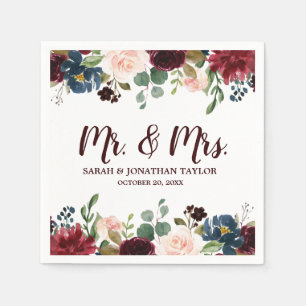 Burgundy Red Navy Floral Rustic Boho Paper Napkin