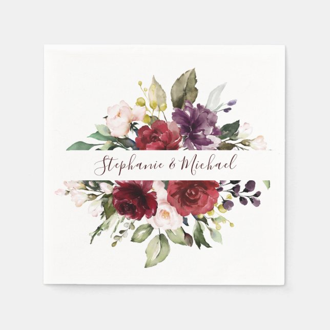 Burgundy Red Navy Floral Rustic Boho Paper Napkin (Front)