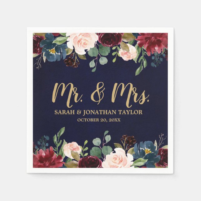 Burgundy Red Navy Floral Rustic Boho Paper Napkin (Front)