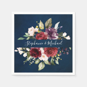 Burgundy Red Navy Floral Rustic Boho Paper Napkin