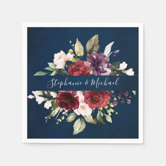 Burgundy Red Navy Floral Rustic Boho Paper Napkin (Front)