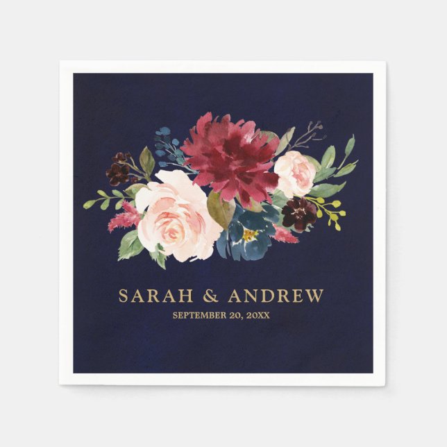 Burgundy Red Navy Floral Rustic Boho Paper Napkin (Front)