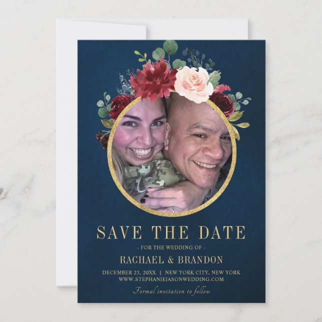 Burgundy Red Navy Floral Rustic Boho Photo Save The Date (Front)