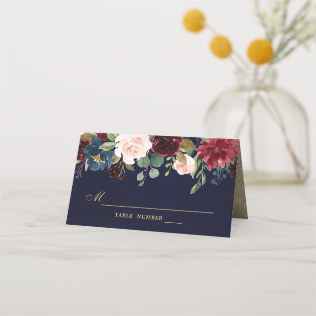 Burgundy Red Navy Floral Rustic Boho Place Card (Front)