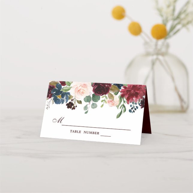 Burgundy Red Navy Floral Rustic Boho Place Card (Front)