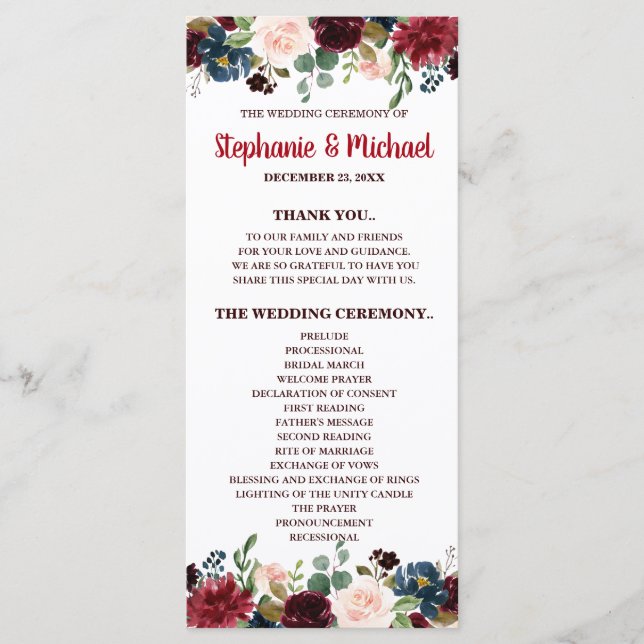 Burgundy Red Navy Floral Rustic Boho Program card (Front)