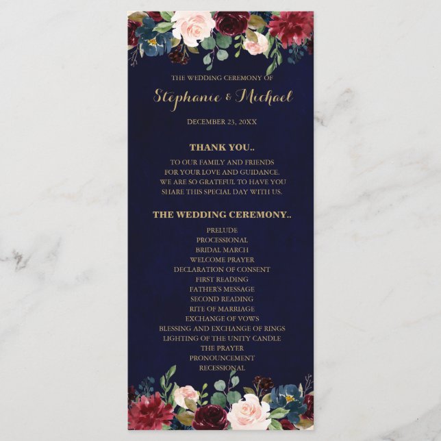 Burgundy Red Navy Floral Rustic Boho Program card (Front)