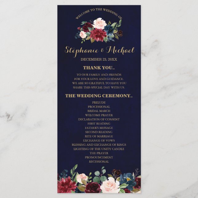 Burgundy Red Navy Floral Rustic Boho Program card (Front)