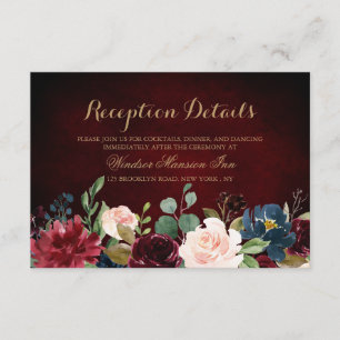 Burgundy Red Navy Floral Rustic Boho Reception Enclosure Card