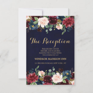 Burgundy Red Navy Floral Rustic Boho Reception Invitation