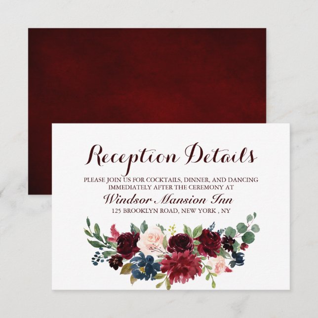 Burgundy Red Navy Floral Rustic Boho Reception Invitation (Front/Back)