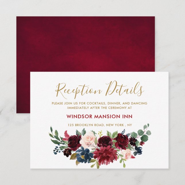 Burgundy Red Navy Floral Rustic Boho Reception Invitation (Front/Back)