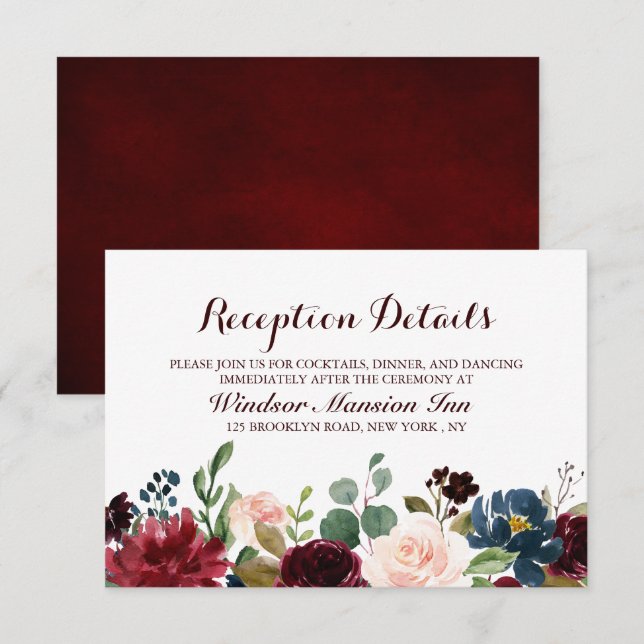 Burgundy Red Navy Floral Rustic Boho Reception Invitation (Front/Back)