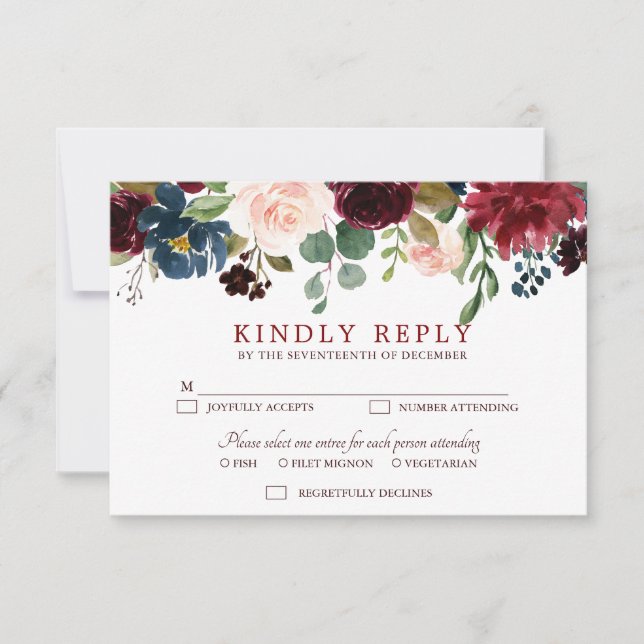 Burgundy Red Navy Floral Rustic Boho RSVP (Front)