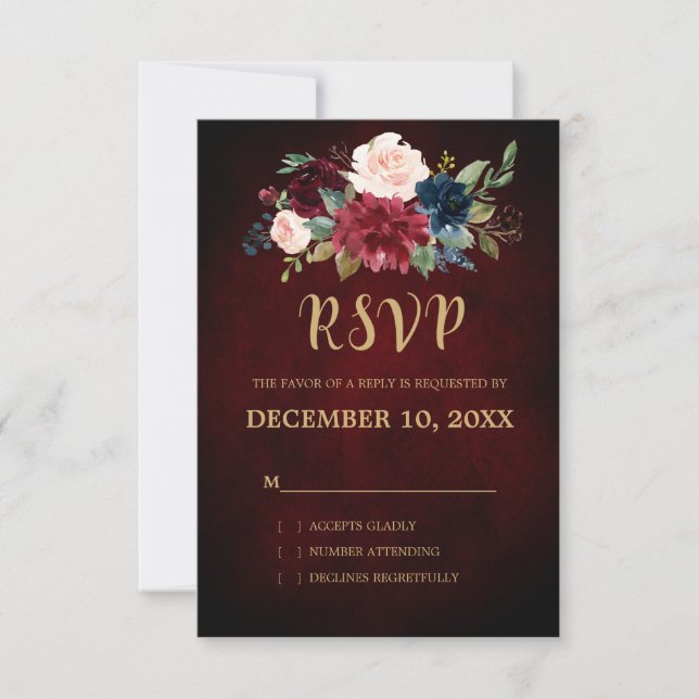 Burgundy Red Navy Floral Rustic Boho RSVP Card (Front)