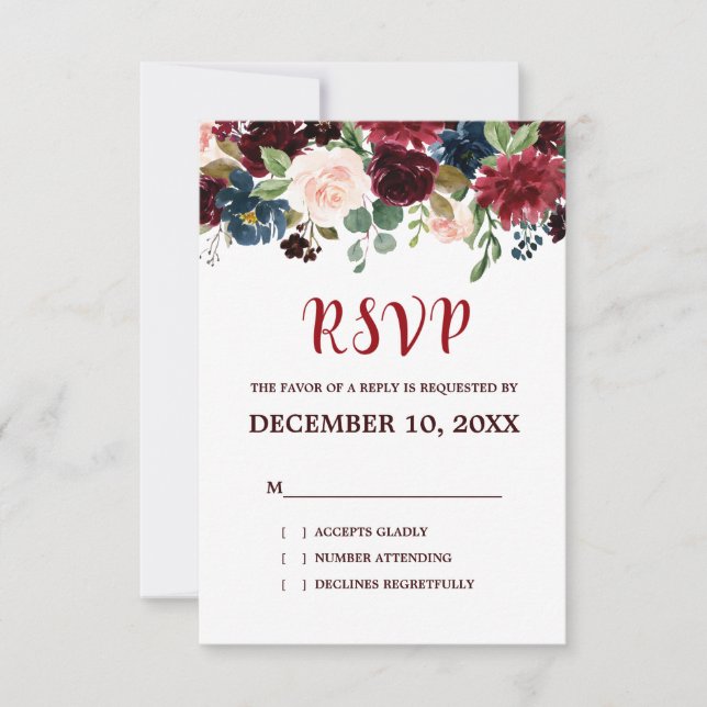 Burgundy Red Navy Floral Rustic Boho RSVP Card (Front)