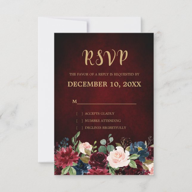 Burgundy Red Navy Floral Rustic Boho RSVP Card (Front)