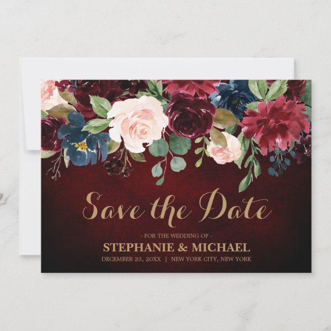 Burgundy Red Navy Floral Rustic Boho Save the date (Front)