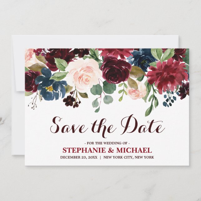 Burgundy Red Navy Floral Rustic Boho Save the date (Front)