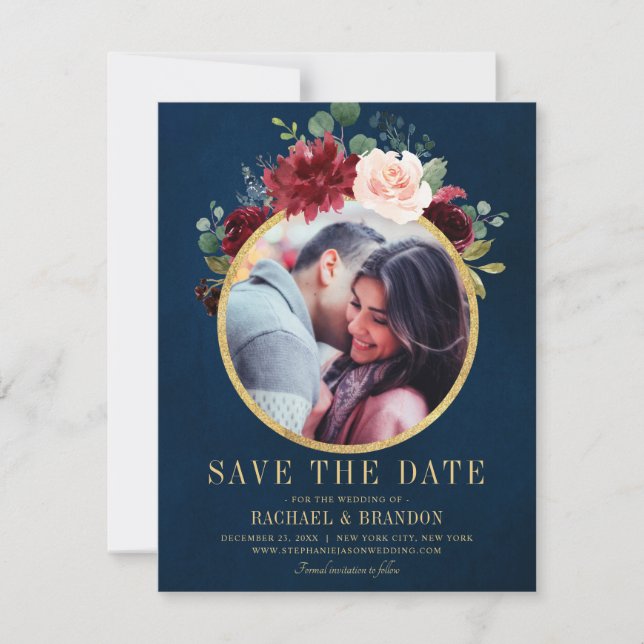 Burgundy Red Navy Floral Rustic Boho Save the Date Announcement (Front)