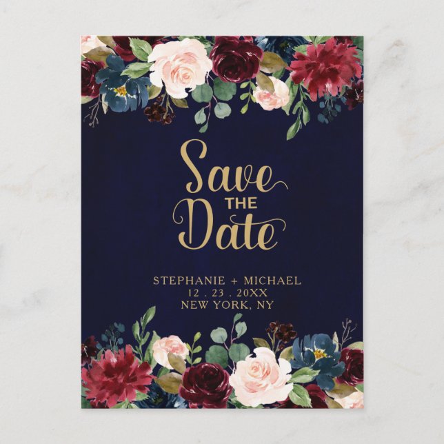 Burgundy Red Navy Floral Rustic Boho Save the Date Announcement Postcard (Front)