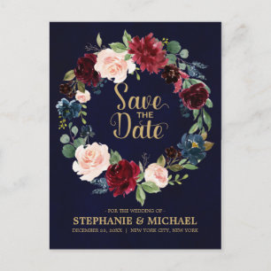 Burgundy Red Navy Floral Rustic Boho Save the Date Announcement Postcard