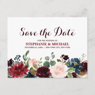 Burgundy Red Navy Floral Rustic Boho Save the Date Announcement Postcard
