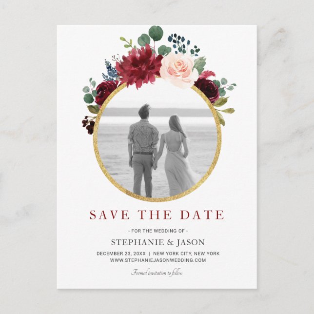 Burgundy Red Navy Floral Rustic Boho Save the Date Announcement Postcard (Front)