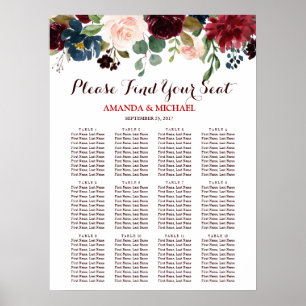 Burgundy Red Navy Floral Rustic Boho Seating Chart