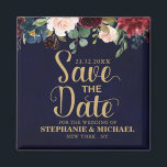 Burgundy Red Navy Floral Rustic Boho Sve the date Magnet<br><div class="desc">Watercolor Burgundy Red Navy Floral Rustic Boho Wedding Save the date magnet with gold text. Perfect for a fall wedding. The design features a stunning bouquet of burgundy / Marsala , peach , navy flowers / roses with matching leaves. Please find more matching designs and variations in my "blissweddingpaperie" store....</div>
