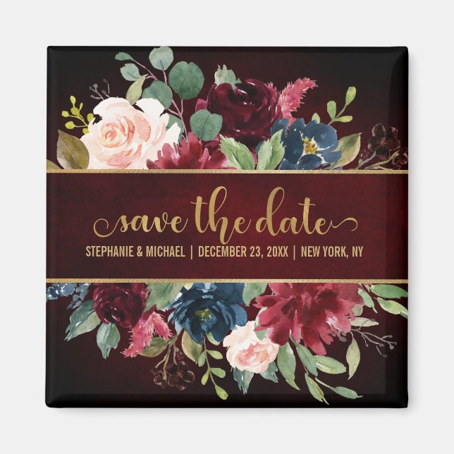 Burgundy Red Navy Floral Rustic Boho Sve the date Magnet (Front)