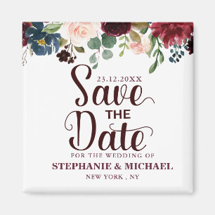 Burgundy Red Navy Floral Rustic Boho Sve the date Magnet