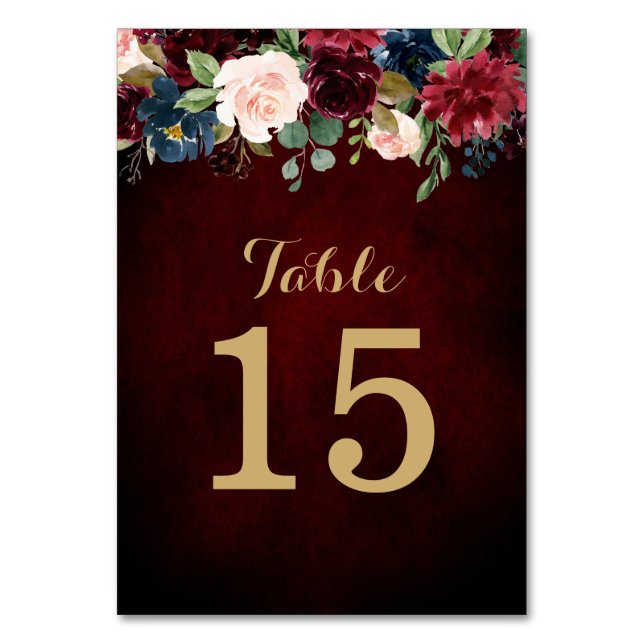 Burgundy Red Navy Floral Rustic Boho Table Number (Front)