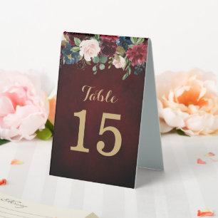 Burgundy Red Navy Floral Rustic Boho Table Number
