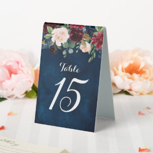 Burgundy Red Navy Floral Rustic Boho Table Number