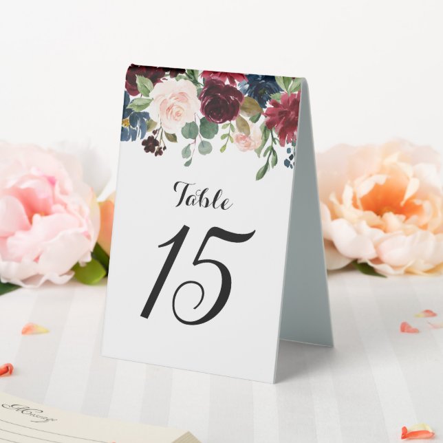 Burgundy Red Navy Floral Rustic Boho Table Number (In SItu (Wedding))