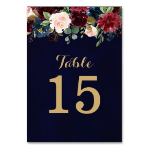 Burgundy Red Navy Floral Rustic Boho Table Number