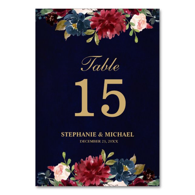 Burgundy Red Navy Floral Rustic Boho Table Number (Front)