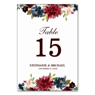 Burgundy Red Navy Floral Rustic Boho Table Number