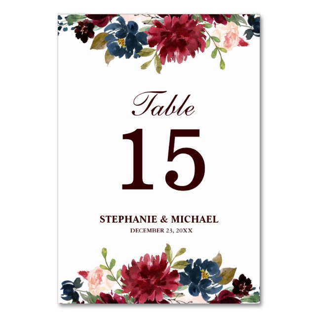 Burgundy Red Navy Floral Rustic Boho Table Number (Front)